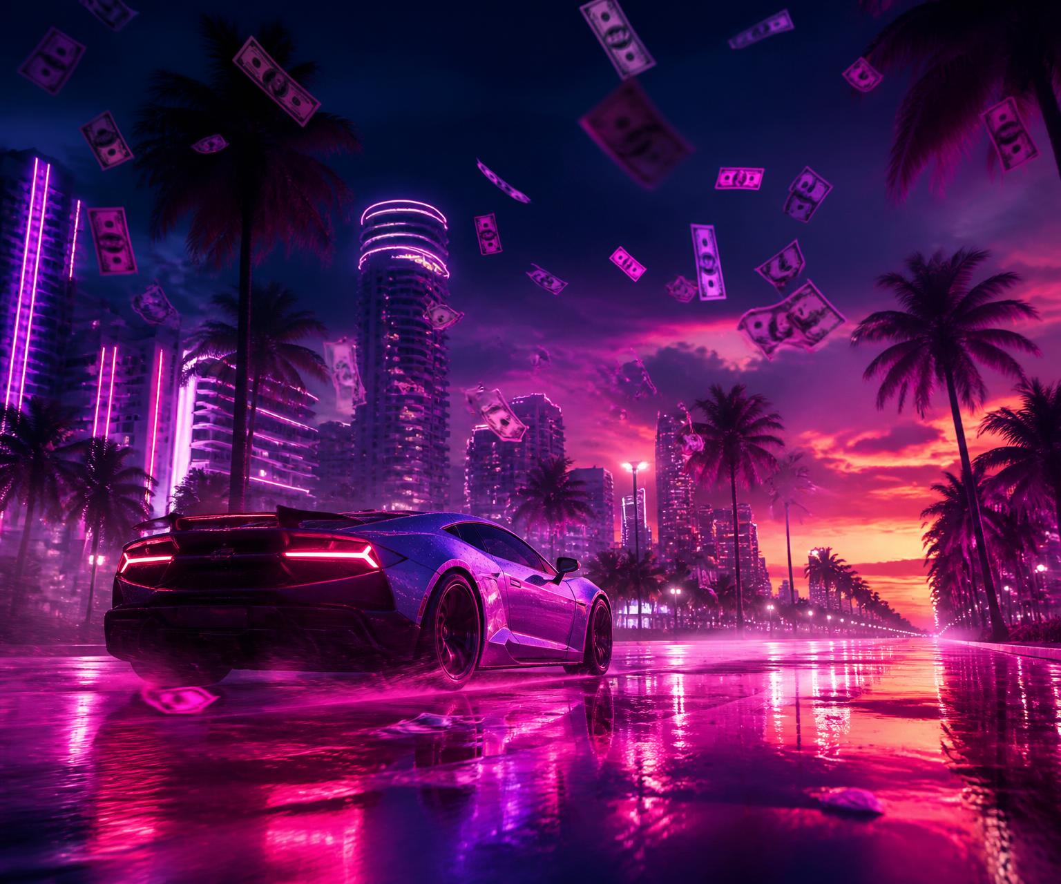 Cidade neon ao pôr do sol com carro esportivo